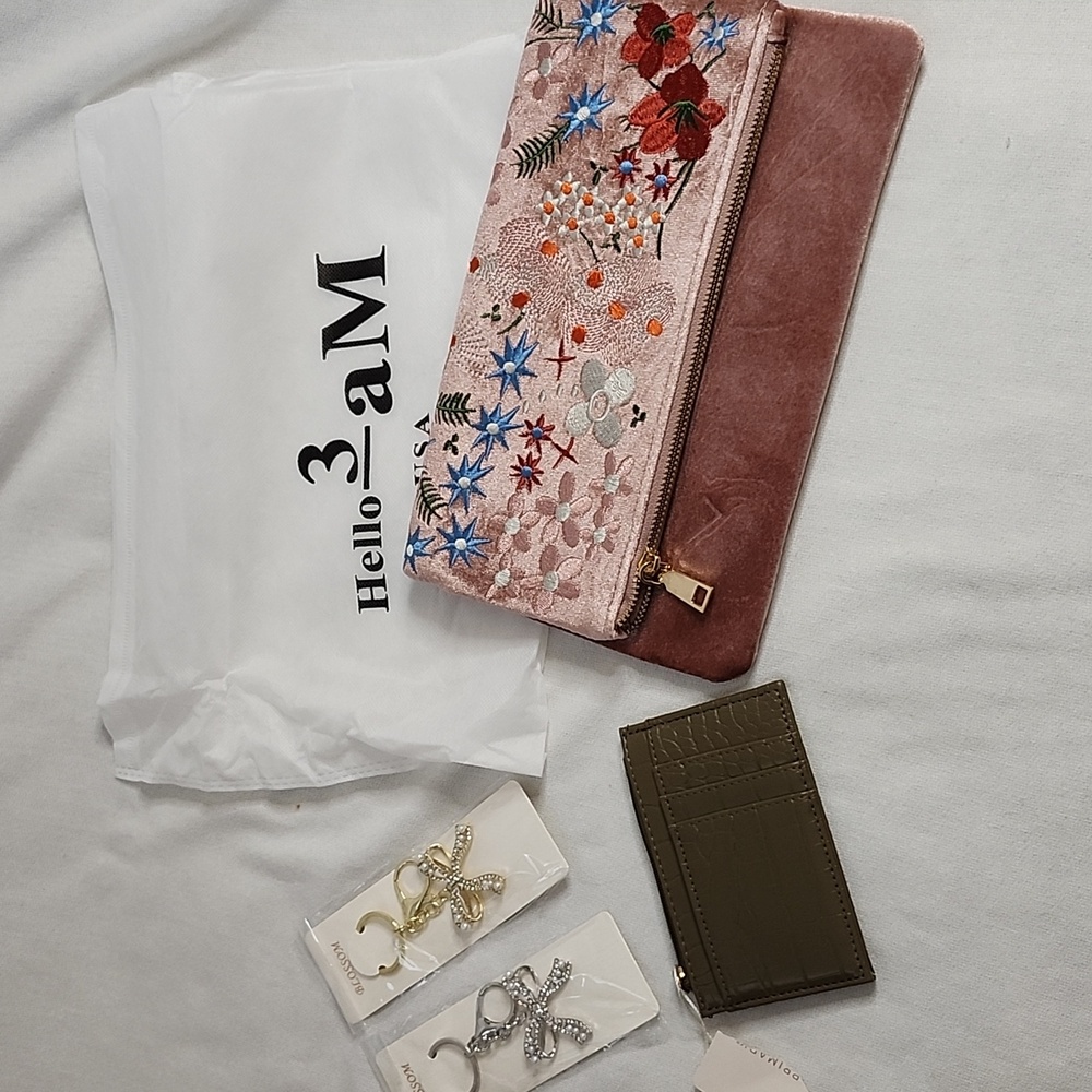 Hello 3am Velvet Blossom Convertible Bag, Card Holder and Jeweled Keychain/Charm